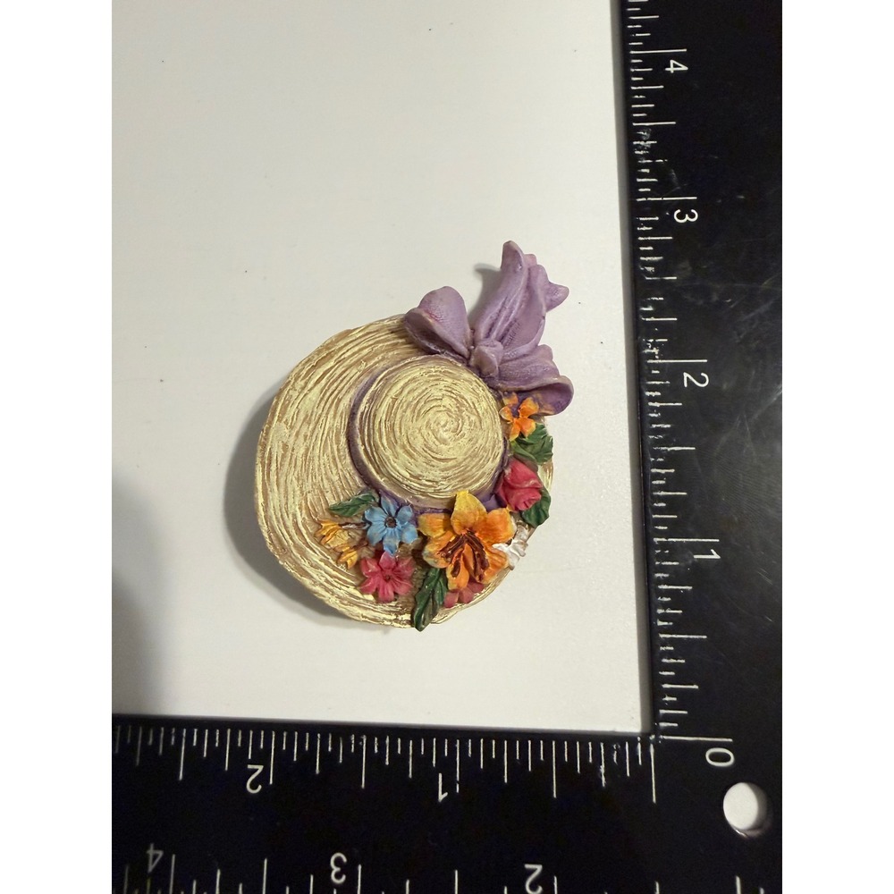 Vintage Floral Straw Hat Resin Pin Purple Bow Cottagecore Lapel Brooch